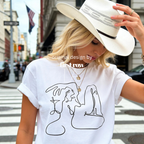Woman wearing Cowgirl Martini Shirt, Cowboy Boots Tee, Western Graphic T-Shirt, Country Concert Outfit, Nashville Bachelorette Tee, Rodeo Cowgirl Gift. 

Designed and © 2025 by Lilo on Paper, only sold at First Row LA.