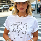 Woman wearing Cowgirl Martini Shirt, Cowboy Boots Tee, Western Graphic T-Shirt, Country Concert Outfit, Nashville Bachelorette Tee, Rodeo Cowgirl Gift. 

Designed and © 2025 by Lilo on Paper, only sold at First Row LA.