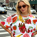 Woman wearing Dolce and Bananas All Over Print Shirt, Unisex, Colorful Fruit Summer, Tropical Vacation Shirt, Fruity Beach, Girls Trip Gift, Dopamine T