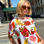 Woman wearing Dolce and Bananas All Over Print Shirt, Unisex, Colorful Fruit Summer, Tropical Vacation Shirt, Fruity Beach, Girls Trip Gift, Dopamine T