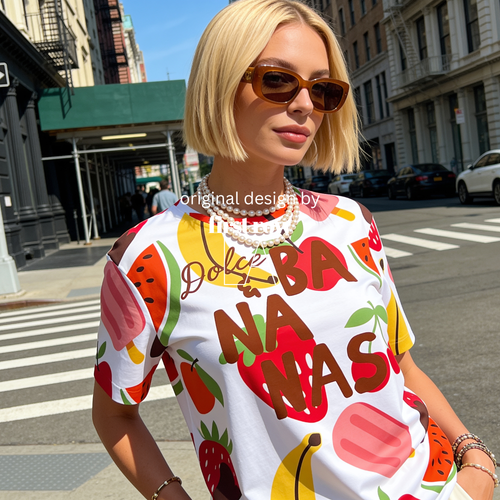 Woman wearing Dolce and Bananas All Over Print Shirt, Unisex, Colorful Fruit Summer, Tropical Vacation Shirt, Fruity Beach, Girls Trip Gift, Dopamine T