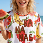 Woman wearing Dolce and Bananas All Over Print Shirt, Unisex, Colorful Fruit Summer, Tropical Vacation Shirt, Fruity Beach, Girls Trip Gift, Dopamine T