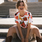Woman wearing Dolce and Bananas All Over Print Shirt, Unisex, Colorful Fruit Summer, Tropical Vacation Shirt, Fruity Beach, Girls Trip Gift, Dopamine T