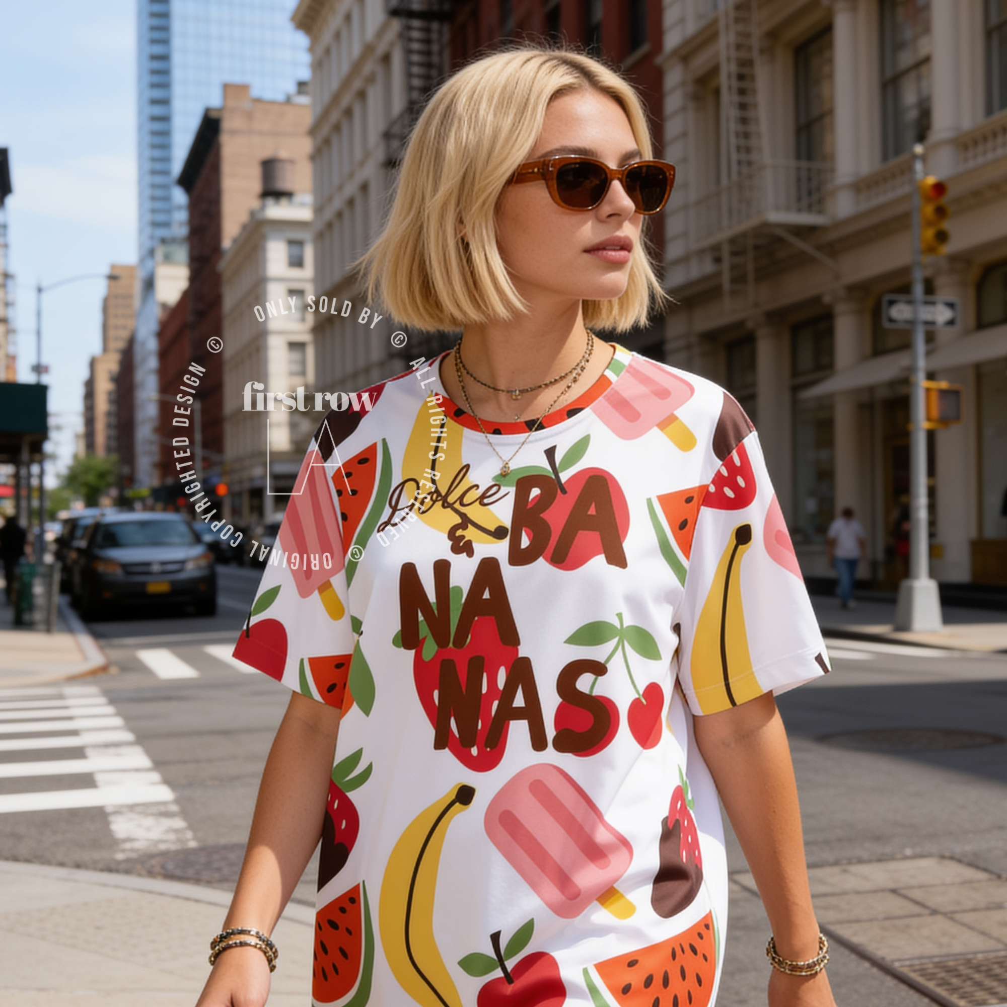 Woman wearing Dolce and Bananas All Over Print Shirt, Unisex, Colorful Fruit Summer, Tropical Vacation Shirt, Fruity Beach, Girls Trip Gift, Dopamine T