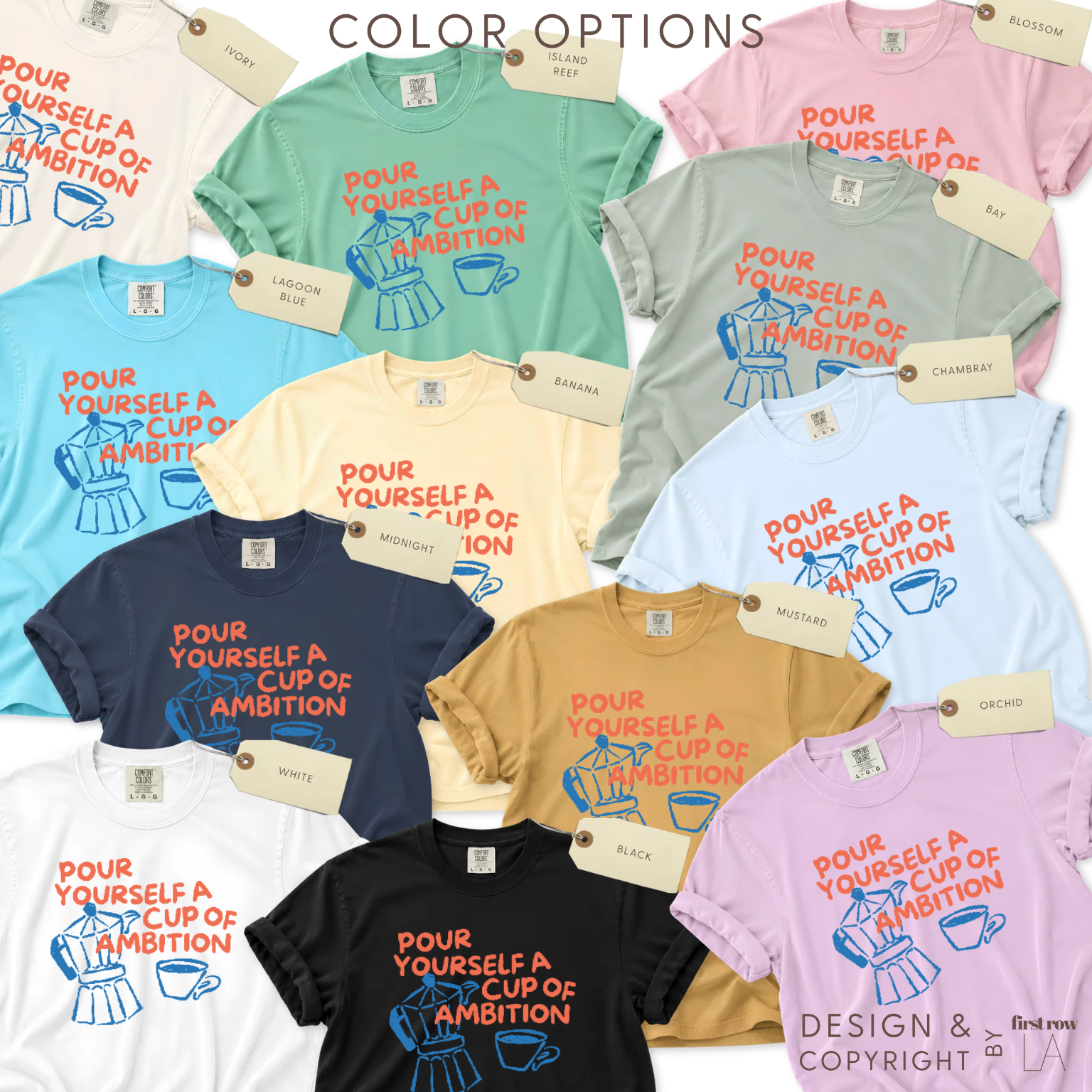 Color options for Dolly Parton Pour Yourself a Cup of Ambition Shirt, Retro Coffee T-shirt, 9 to 5 Country, Moka Pot, Coffee Club, Caffeine Lover, Dollywood T.

Original design by first row LA 2025.