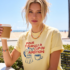 Woman wearing Dolly Parton "Pour Yourself a Cup of Ambition" Shirt, Retro Coffee Graphic, 9 to 5 Country Music Tee, Moka Pot, Coffee Club, Caffeine Lover