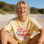 Woman wearing Dolly Parton, Raised on Country and Ambition Shirt, Coffee Club Top, Western Coffee Tee, 9-5 tee, Moka Pot, Country Girl T, Cup of Ambition