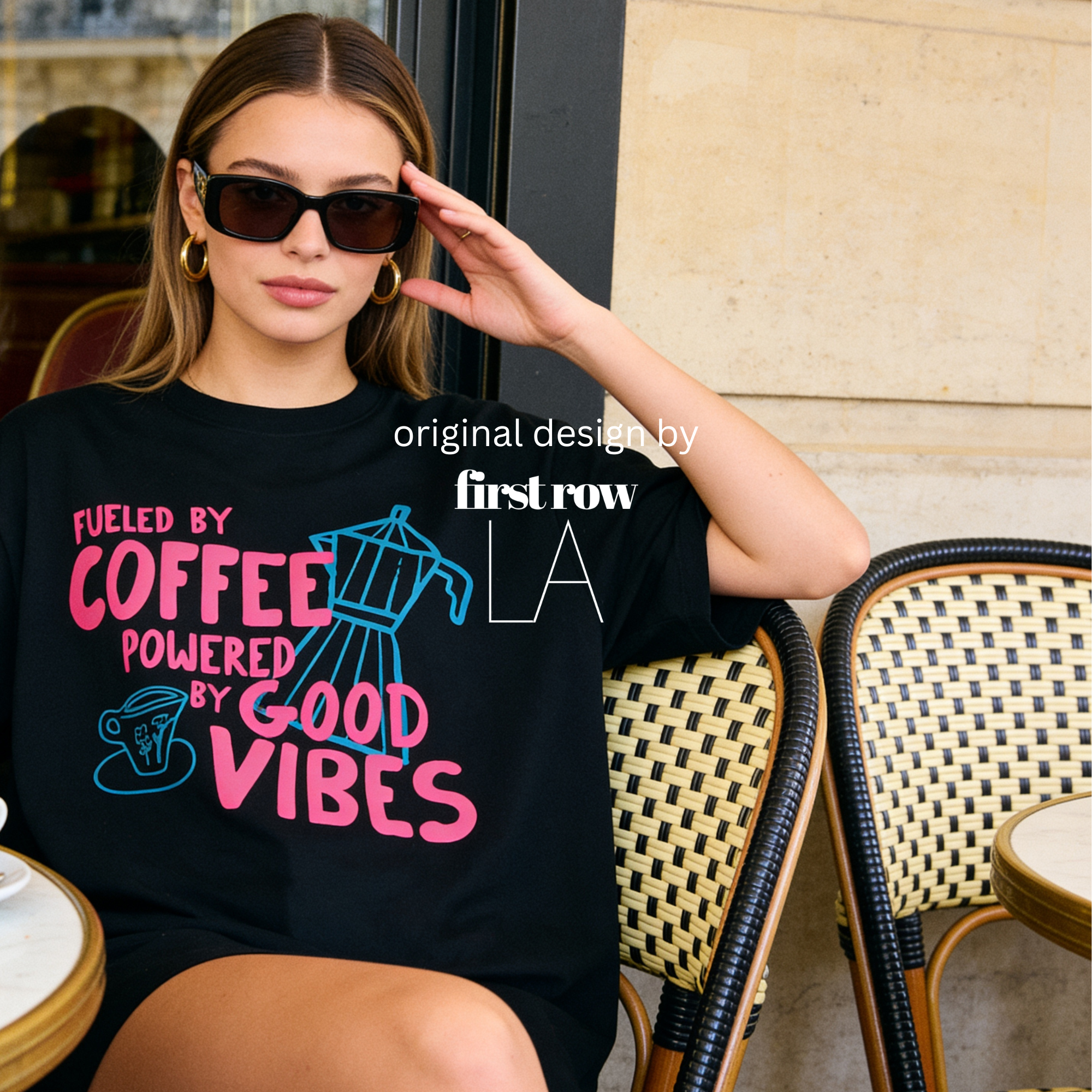 Woman wearing Fueled by Coffee Powered by Good Vibes Shirt, Coffee Club T-Shirt, Moka Pot T, Foodie Gift, Cozy Café Aesthetic Gift, Unisex Comfort Colors