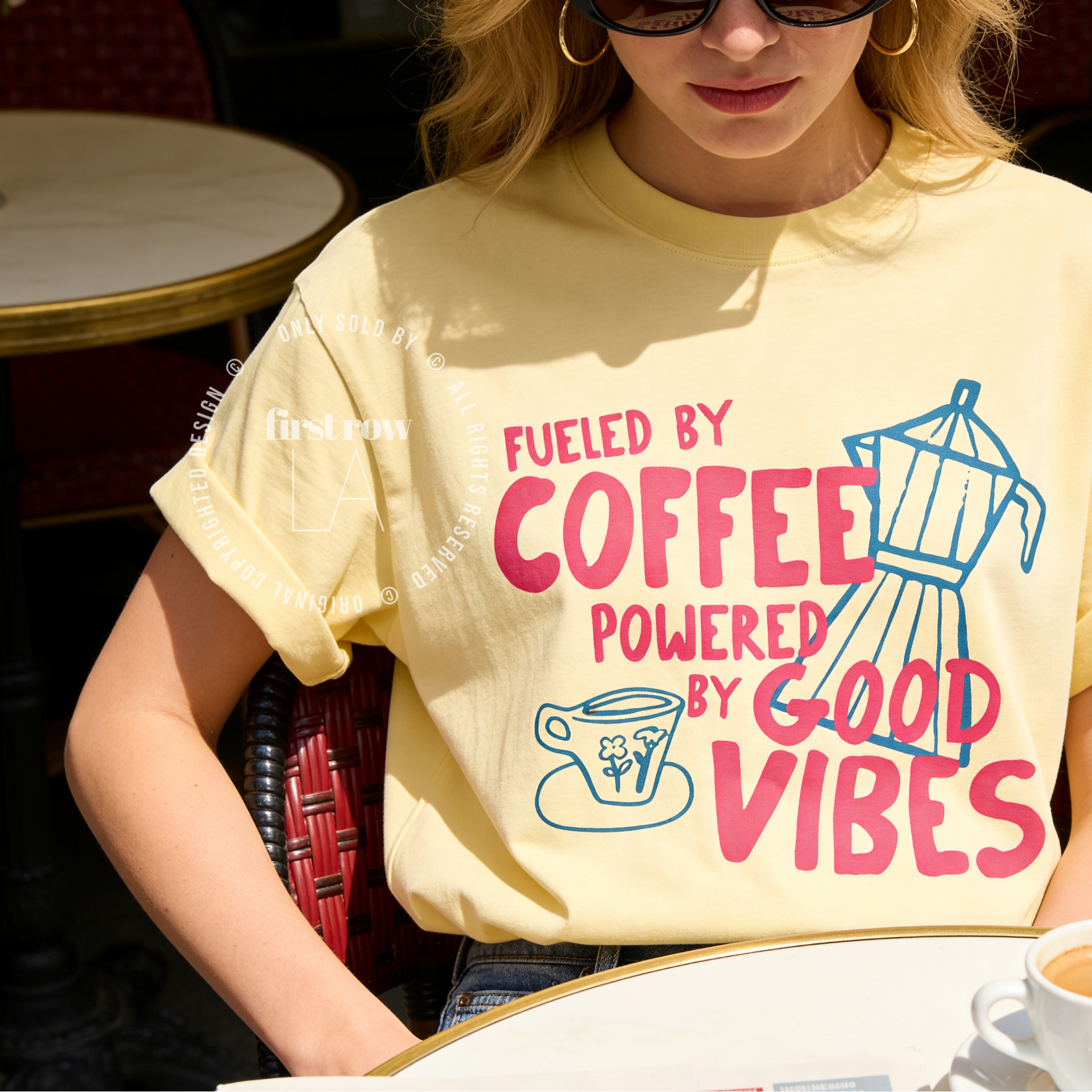Woman wearing Fueled by Coffee Powered by Good Vibes Shirt, Coffee Club T-Shirt, Moka Pot T, Foodie Gift, Cozy Café Aesthetic Gift, Unisex Comfort Colors