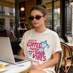 Woman wearing Fueled by Coffee Powered by Good Vibes Shirt, Coffee Club T-Shirt, Moka Pot T, Foodie Gift, Cozy Café Aesthetic Gift, Unisex Comfort Colors
