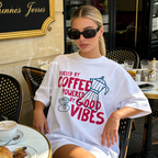 Woman wearing Fueled by Coffee Powered by Good Vibes Shirt, Coffee Club T-Shirt, Moka Pot T, Foodie Gift, Cozy Café Aesthetic Gift, Unisex Comfort Colors