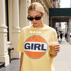 Woman wearing unisex GIRL T-shirt, retro T-shirt, Gulf Gas station logo, Pamela Anderson, Jessica Williams Shrinking, 90s fashion, Girl logo shirt, Y2K tee