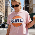 Woman wearing unisex GIRL T-shirt, retro T-shirt, Gulf Gas station logo, Pamela Anderson, Jessica Williams Shrinking, 90s fashion, Girl logo shirt, Y2K tee