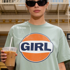 Woman wearing unisex GIRL T-shirt, retro T-shirt, Gulf Gas station logo, Pamela Anderson, Jessica Williams Shrinking, 90s fashion, Girl logo shirt, Y2K tee