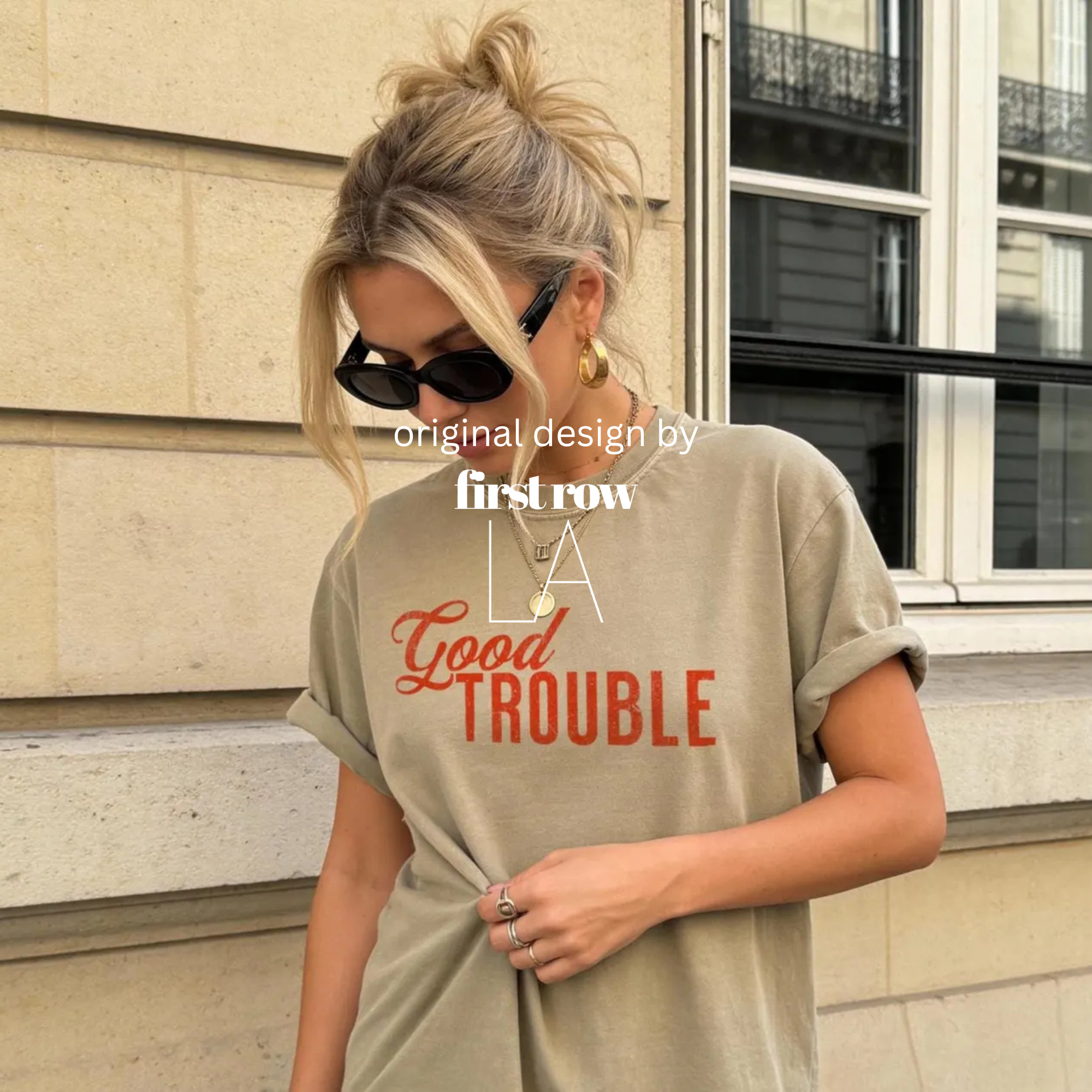 Woman wearing Good Trouble Shirt, Inspirational Graphic Tee, Positive Change T-Shirt, Kindness Shirt, Rebel Spirit Tee, Civil Rights Shirt, Unisex Graphic Tee. Design and copyright by First Row LA