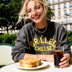 Woman wearing Grilled Cheese Shirt, Club Sweatshirt, Funny Foodie, Comfort Food Shirt, Cheese Lover Gift, Retro Diner Graphic, Unisex Pullover, Y2K Shirt.

Original design and copyright by first row LA 2026.