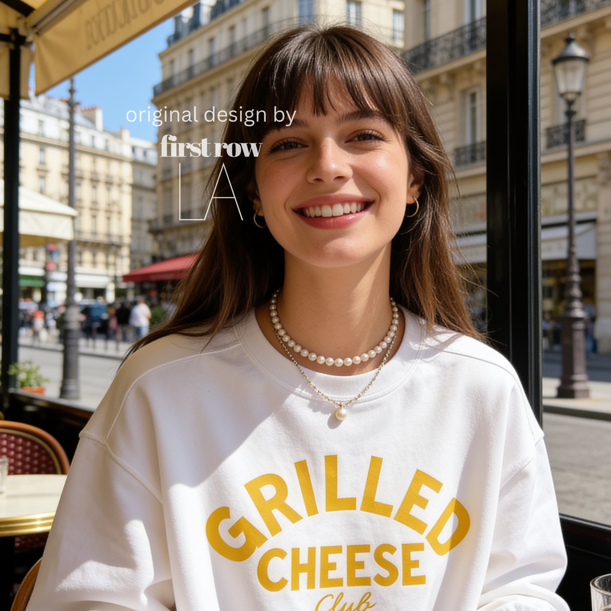 Woman wearing Grilled Cheese Shirt, Club Sweatshirt, Funny Foodie, Comfort Food Shirt, Cheese Lover Gift, Retro Diner Graphic, Unisex Pullover, Y2K Shirt.

Original design and copyright by first row LA 2026.