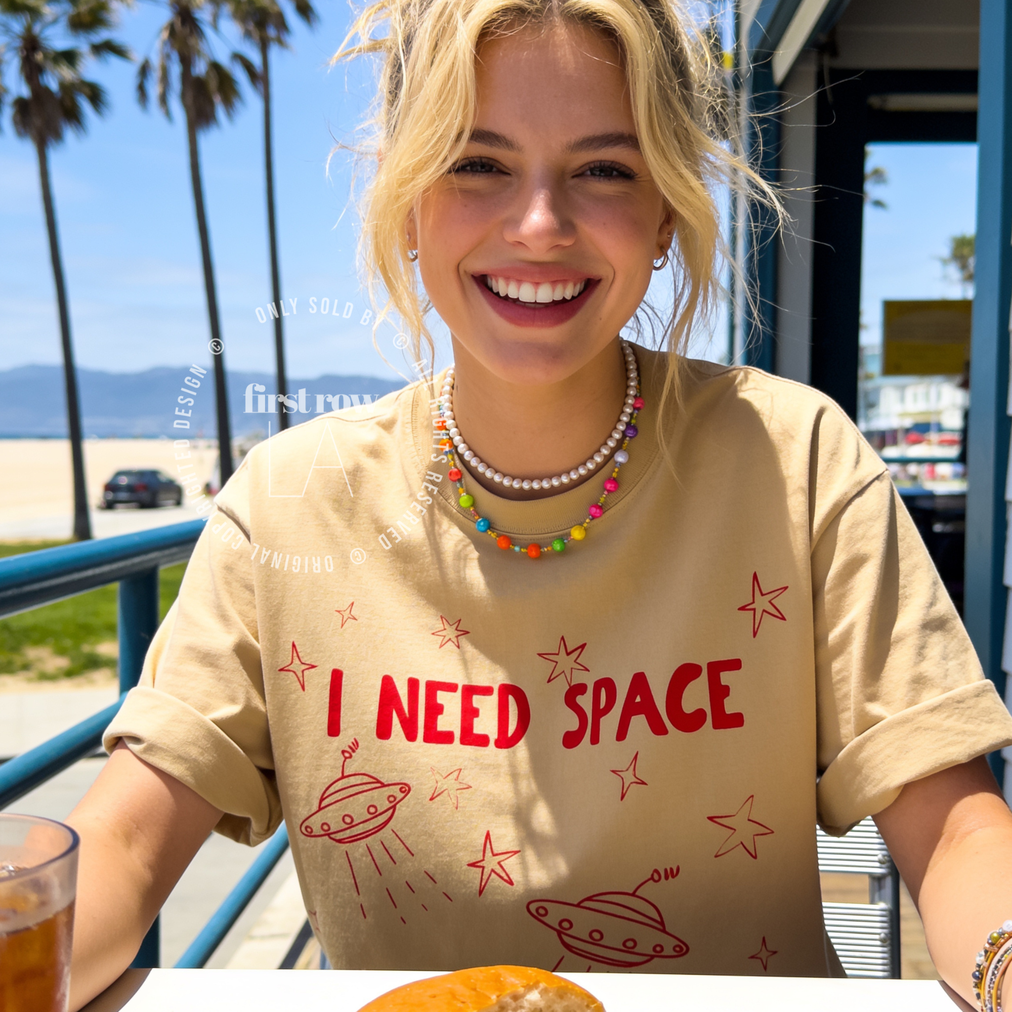 Woman wearing I Need Space Shirt, UFO Tee, Space Lover T Shirt, All Over Print, Alien Aesthetic Tee, Cosmic Shirt, Unisex Galaxy Graphic Tee, Introvert T