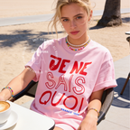 Woman wearing French Graphic T-Shirt, Je Ne Sais Quoi Tee, Paris France Shirt, French Girl Aesthetic Tee, Chic Retro Graphic Shirt, Coquette Y2K Top