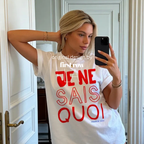 Woman wearing French Graphic T-Shirt, Je Ne Sais Quoi Tee, Paris France Shirt, French Girl Aesthetic Tee, Chic Retro Graphic Shirt, Coquette Y2K Top