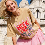 Woman wearing Le Weekend a Paris Shirt, Paris Coffee Tee, Croissant Graphic T-Shirt, French Cafe Shirt, Pink Striped Espresso Tee, Coquette Travel Shirt