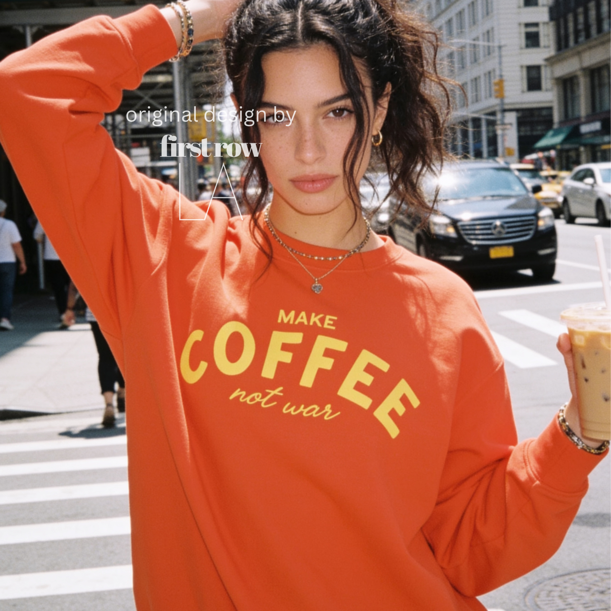 Woman wearing Make Coffee Not War Shirt, Peace Shirt, Coffee Lover Sweatshirt, Anti War Statement Shirt, Barista Shirt, Anti War Shirt.

Original design and copyright by first row LA 2026.
