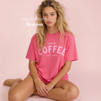Woman wearing Make Coffee Not War T-Shirt, Pink Lettering Coffee Tee, Peace Shirt, Coffee Lover Graphic Tee, Anti War Statement Shirt.

Original design and copyright by first row LA 2026.