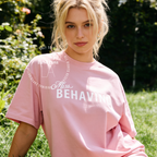 Woman wearing Miss Behaving Shirt, Beauty Queen Graphic Tee, Funny Sassy T-Shirt, Coquette Y2K Top, Pageant Inspired Tee, Pink Girly Shirt, Bad Girl Humor