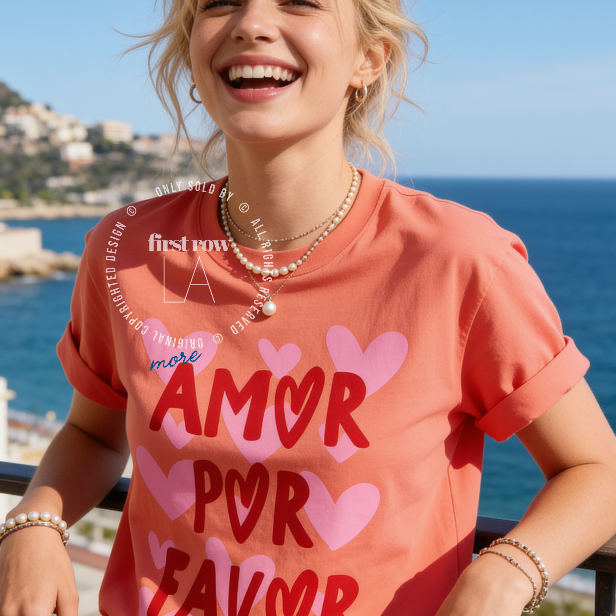 Woman wearing More Amor Por Favor Shirt, Summer Graphic Tee, Pink Heart T-Shirt, Cute Spanish Shirt, Retro Vacation Tee, Beach Lover Shirt, Love More Tee