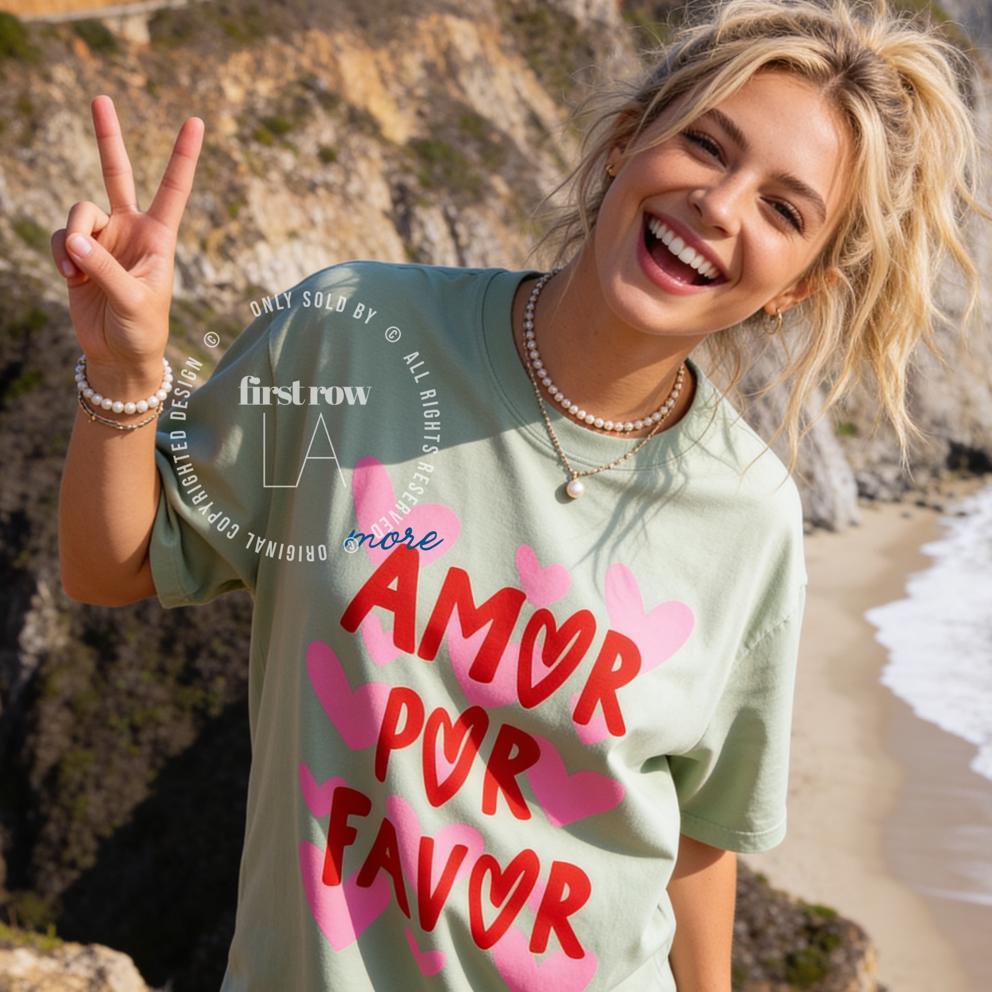 Woman wearing More Amor Por Favor Shirt, Summer Graphic Tee, Pink Heart T-Shirt, Cute Spanish Shirt, Retro Vacation Tee, Beach Lover Shirt, Love More Tee