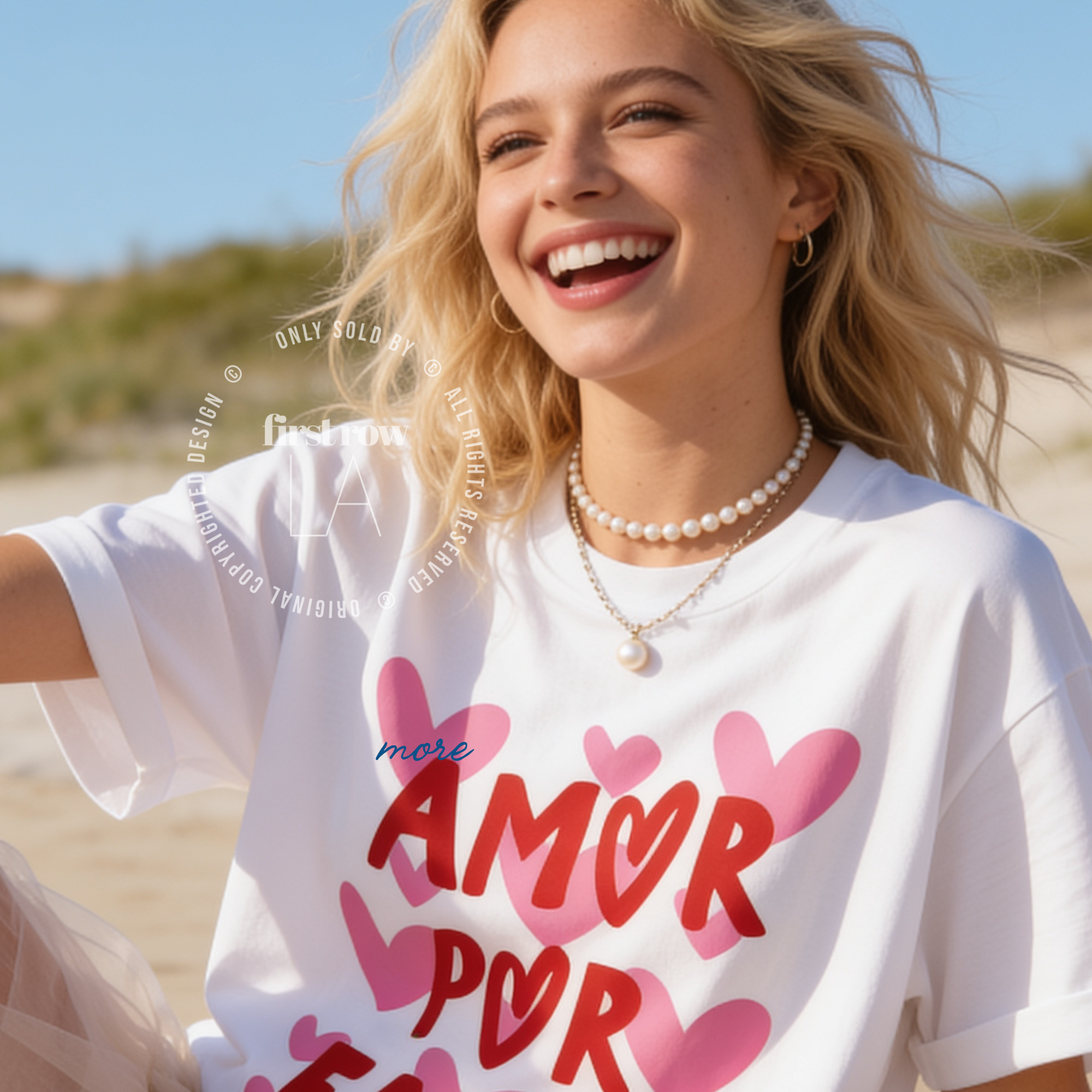 Woman wearing More Amor Por Favor Shirt, Summer Graphic Tee, Pink Heart T-Shirt, Cute Spanish Shirt, Retro Vacation Tee, Beach Lover Shirt, Love More Tee