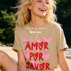 Woman wearing More Amor Por Favor Shirt, Summer Graphic Tee, Pink Heart T-Shirt, Cute Spanish Shirt, Retro Vacation Tee, Beach Lover Shirt, Love More Tee
