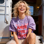 Woman wearing More Amor Por Favor Shirt, Summer Graphic Tee, Pink Heart T-Shirt, Cute Spanish Shirt, Retro Vacation Tee, Beach Lover Shirt, Love More Tee