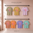 Six color options for A Yawn is a Silent Scream for Coffee t-shirts in khaki, mustard, orchid, terracotta, melon, violet, and chalky mint. Original design by first row LA.