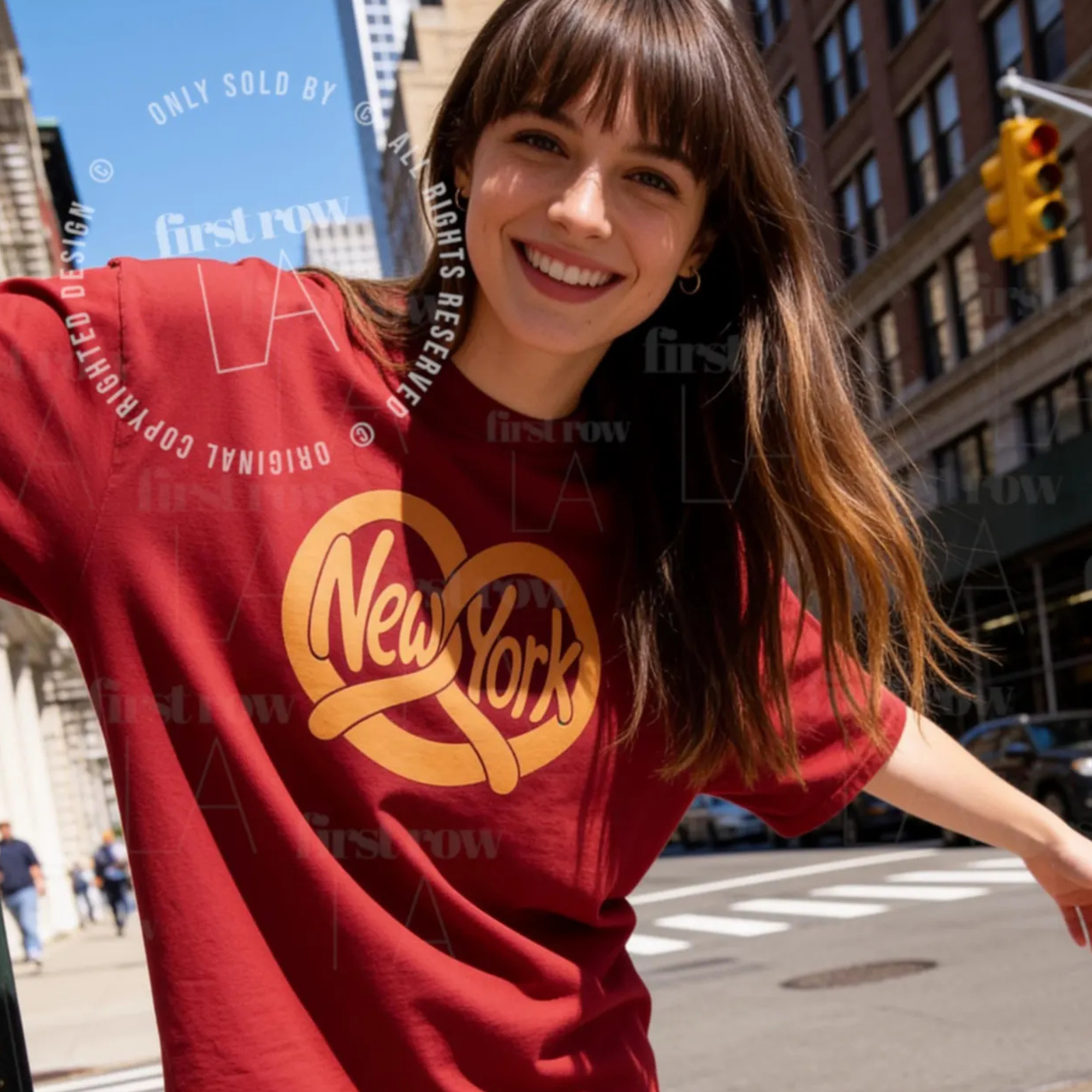 Woman wearing NYC Pretzel T-Shirt, New York Street Food Tee, Distressed Graphic Shirt, Unisex Travel Tee, Funny Foodie Gift, Unisex Big Apple Shirt