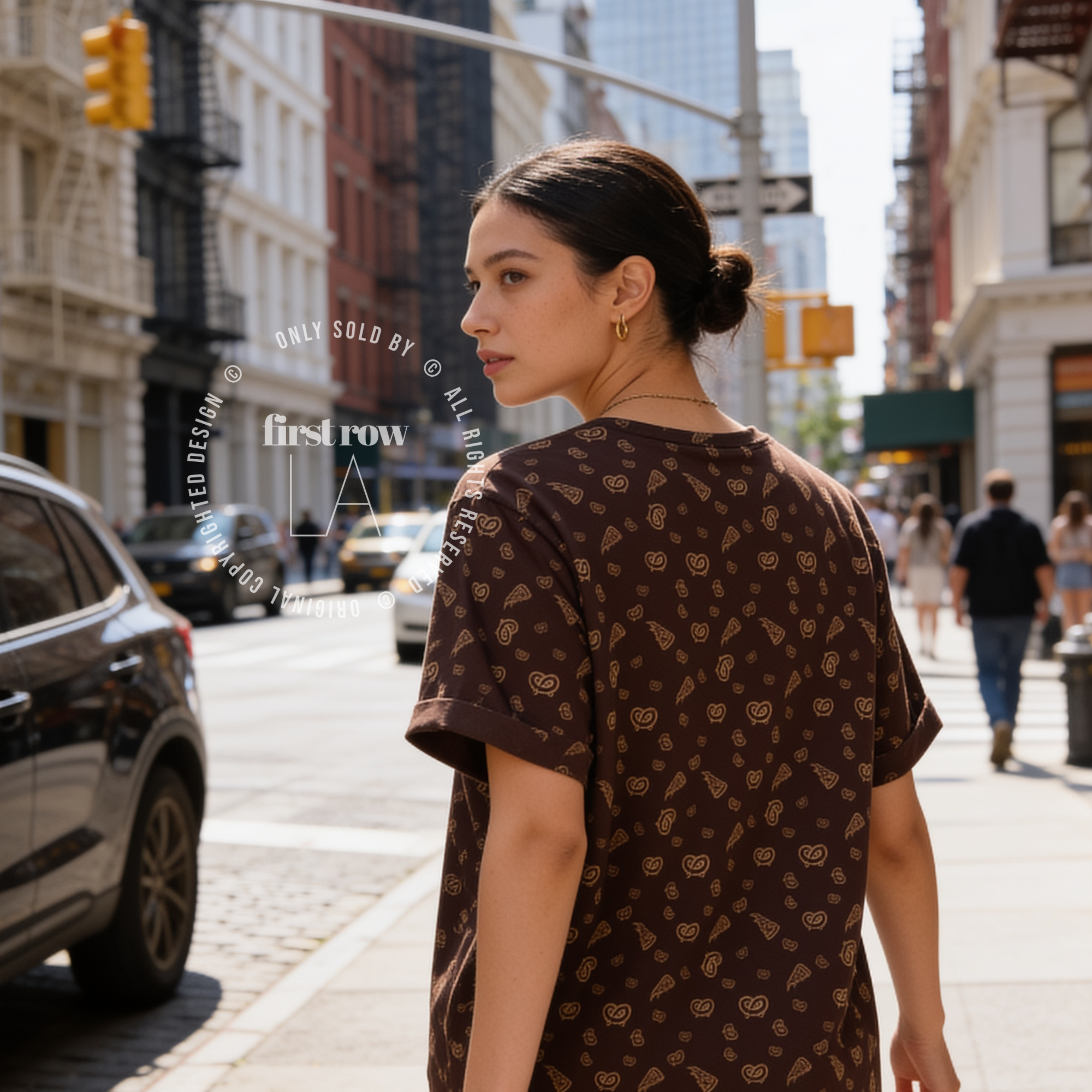 Woman wearing New York All Over Print T-Shirt, NYC Pizza Pretzel Graphic Tee, Brown Monogram Style Shirt, Hand Drawn Travel Tee, Streetwear Unisex Gift