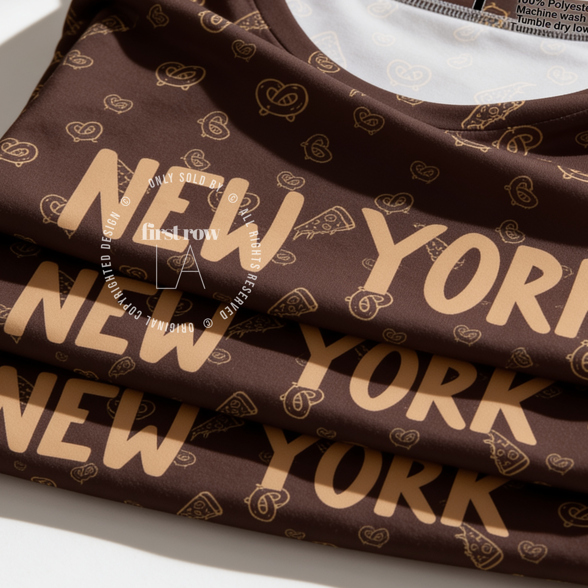 Closeup of New York All Over Print T-Shirt, NYC Pizza Pretzel Graphic Tee, Brown Monogram Style Shirt, Hand Drawn Travel Tee, Streetwear Unisex Gift