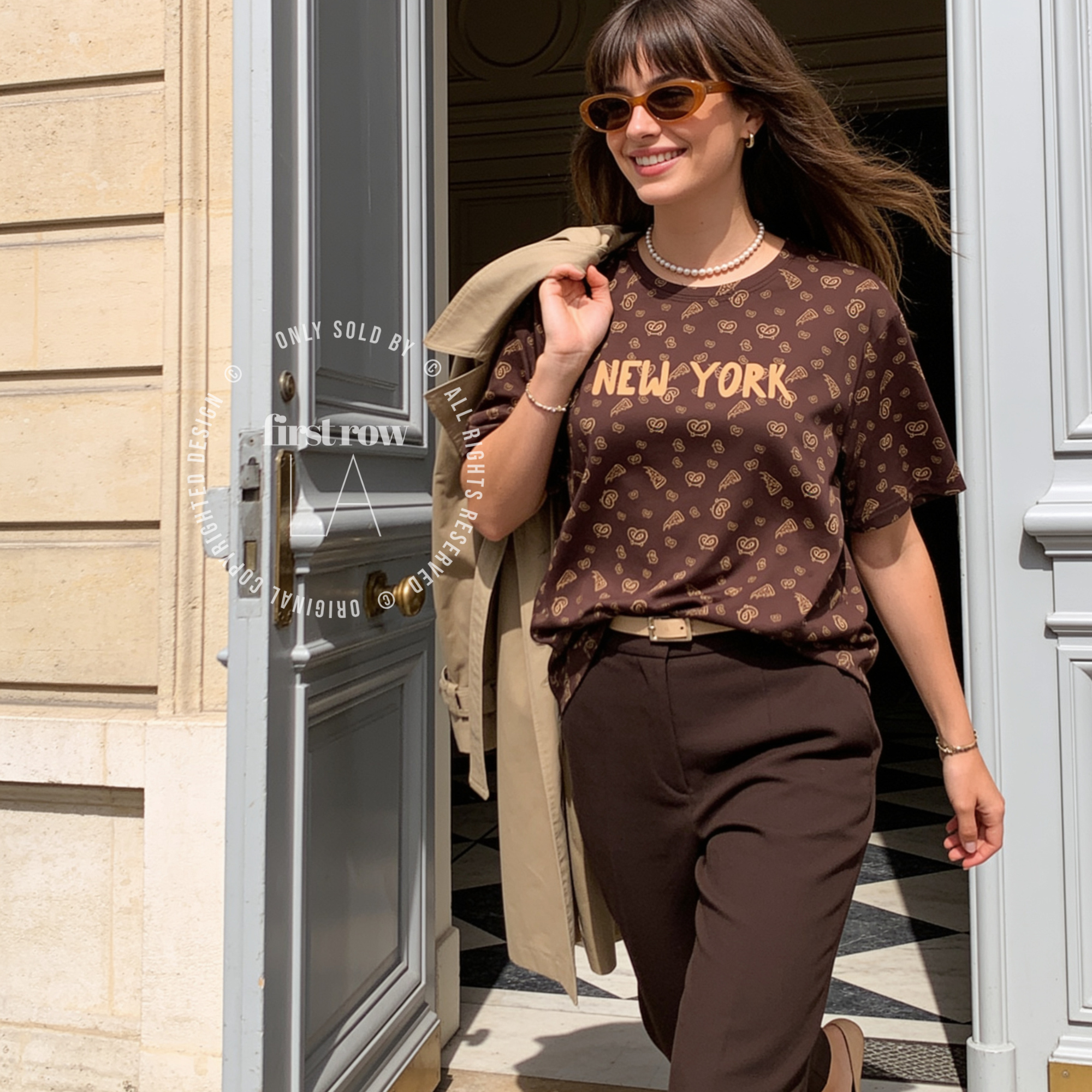 Woman wearing New York All Over Print T-Shirt, NYC Pizza Pretzel Graphic Tee, Brown Monogram Style Shirt, Hand Drawn Travel Tee, Streetwear Unisex Gift