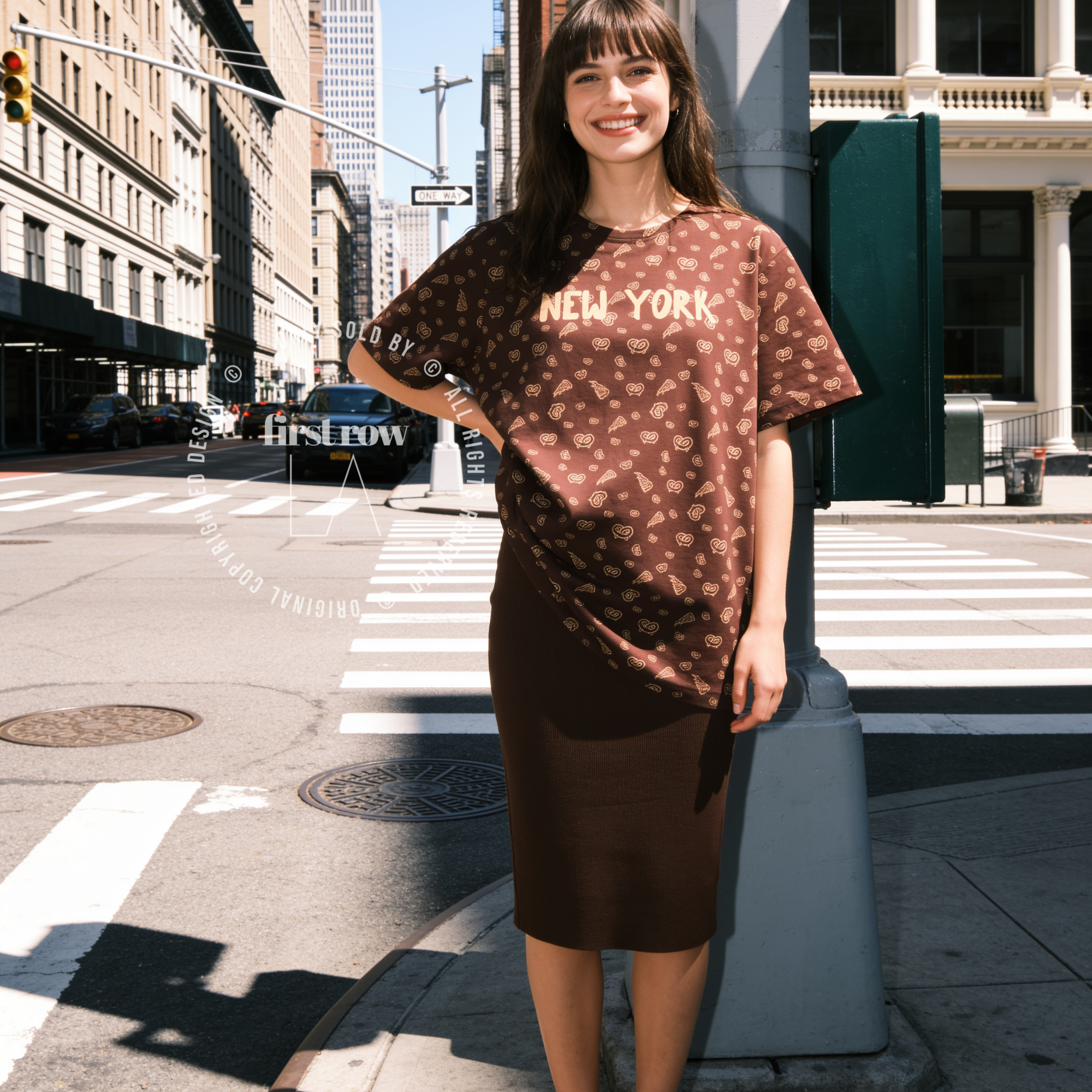 Woman wearing New York All Over Print T-Shirt, NYC Pizza Pretzel Graphic Tee, Brown Monogram Style Shirt, Hand Drawn Travel Tee, Streetwear Unisex Gift