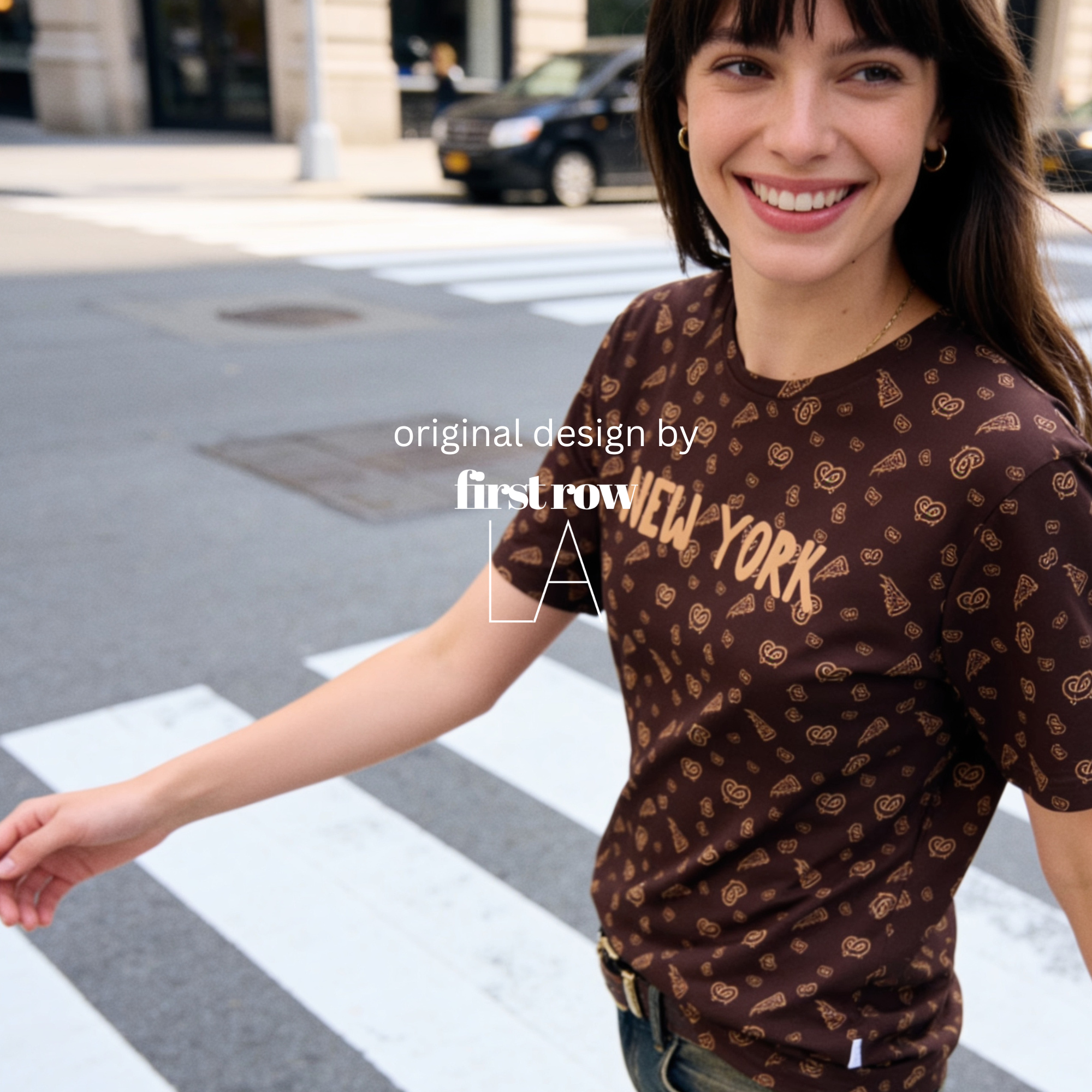 Woman wearing New York All Over Print T-Shirt, NYC Pizza Pretzel Graphic Tee, Brown Monogram Style Shirt, Hand Drawn Travel Tee, Streetwear Unisex Gift