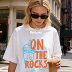 Woman wearing On the Rocks Shirt, Iced Coffee Tee, Coffee Lover T-Shirt, Summer Coffee Shirt, Cute Café Graphic Tee, Cold Brew Shirt, Sunshine Tee