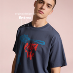 Man wearing spaghetti on a fork in blue and the words 'PASTA is life' in red. 

Original design and copyright by first row LA 2025.