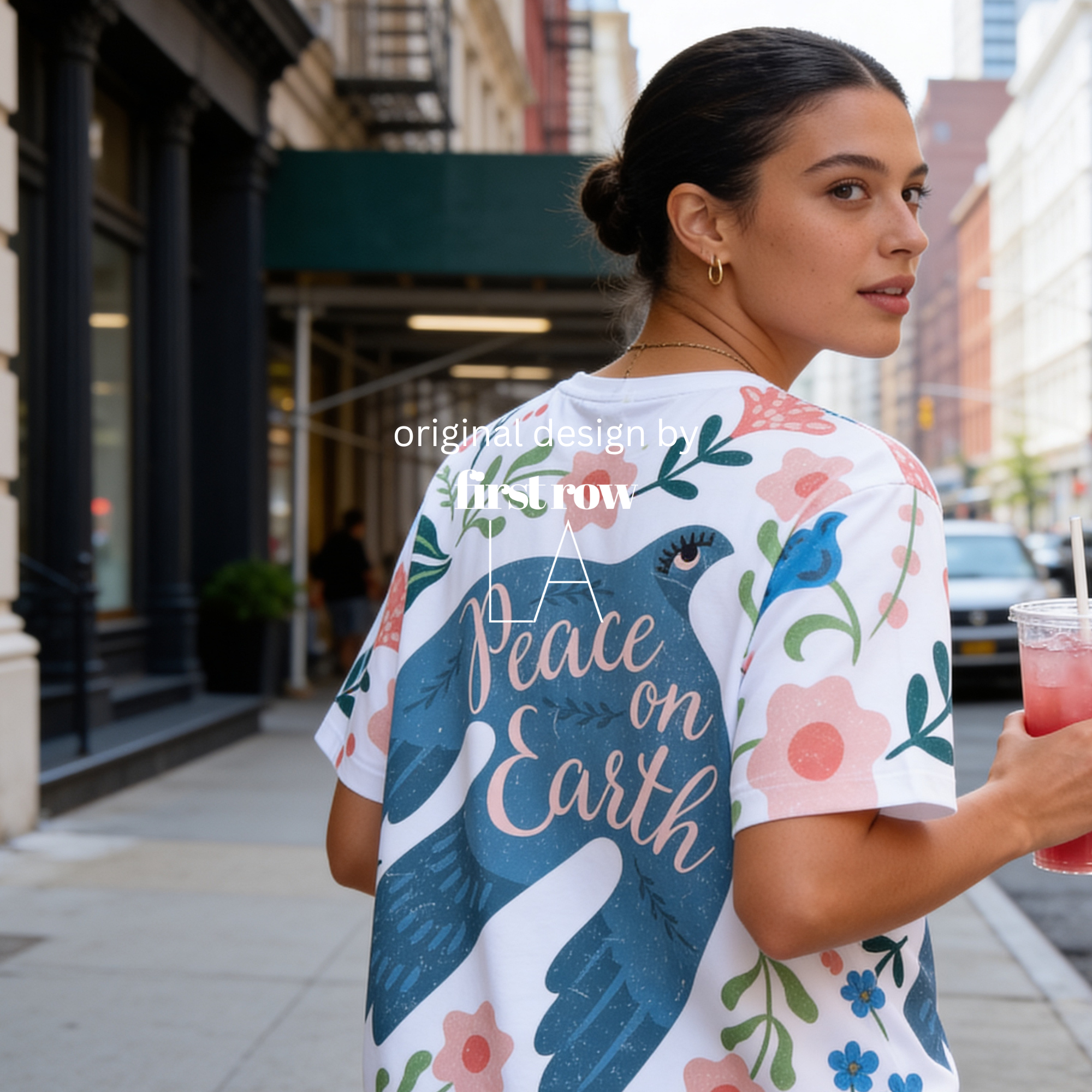 Back of woman wearing Peace On Earth All Over Print Shirt, Dove & Floral Graphic Tee, Full Print Spiritual Shirt, Hope Aesthetic Festival Tee, Oversized Unisex T