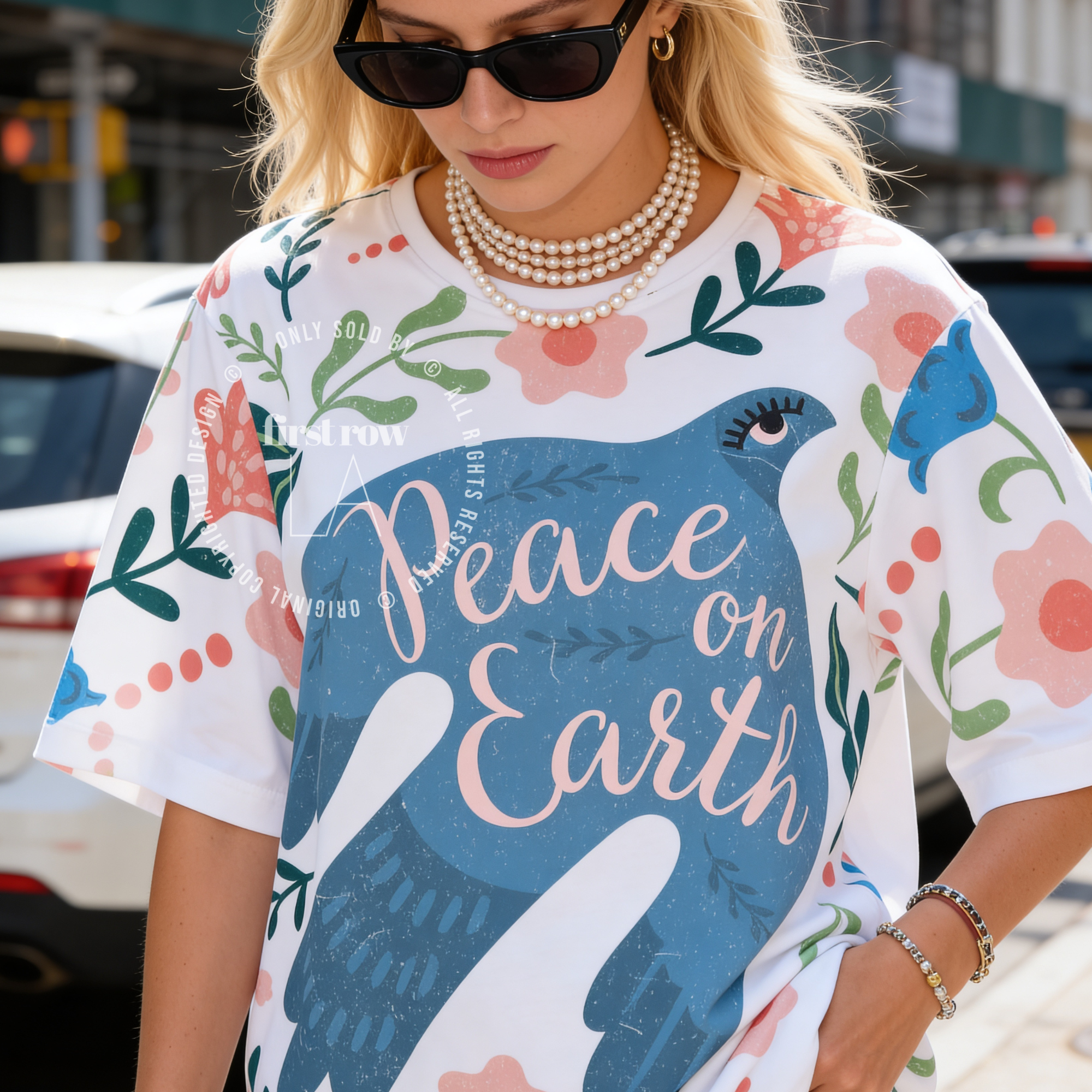 Woman wearing Peace On Earth All Over Print Shirt, Dove & Floral Graphic Tee, Full Print Spiritual Shirt, Hope Aesthetic Festival Tee, Oversized Unisex T