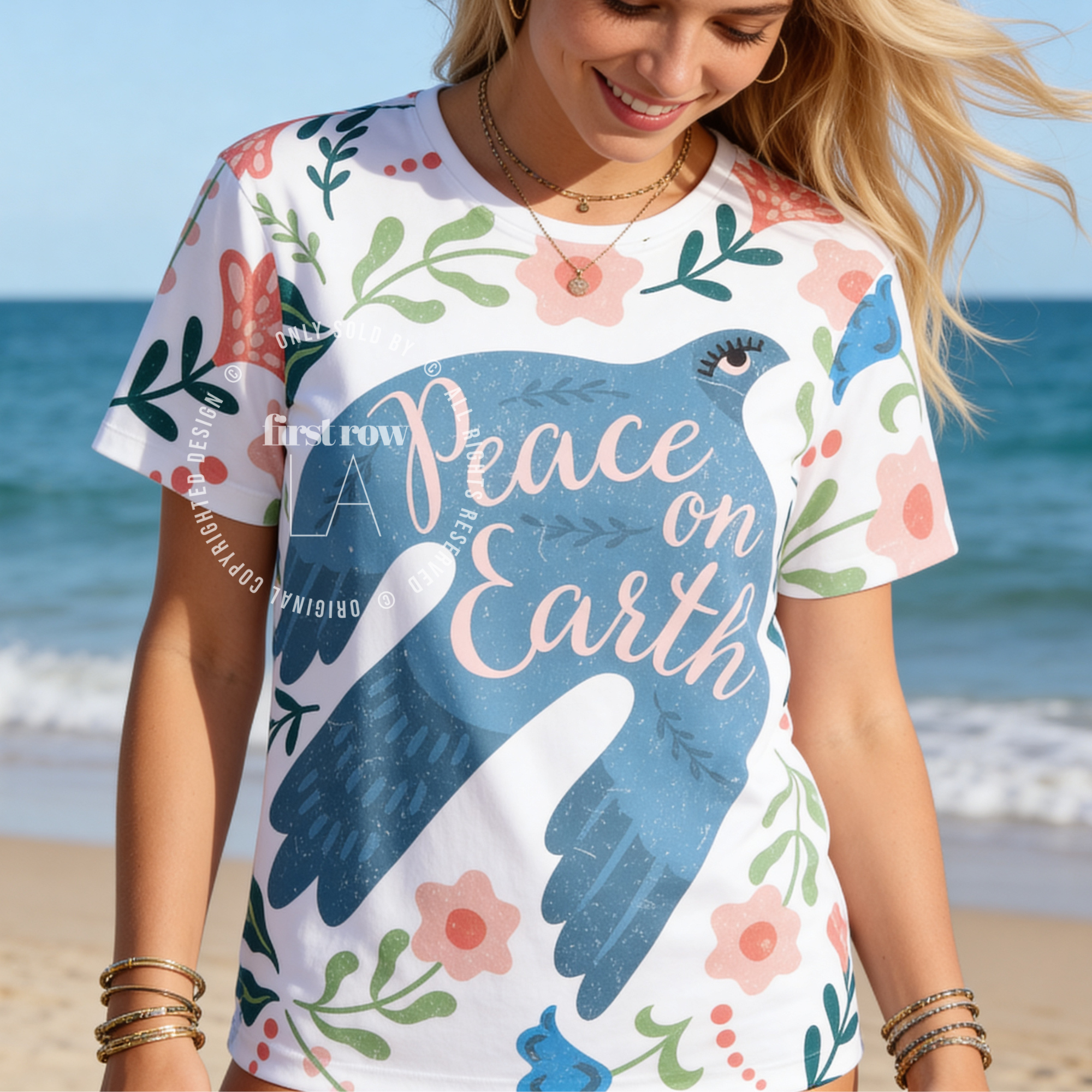 Woman wearing Peace On Earth All Over Print Shirt, Dove & Floral Graphic Tee, Full Print Spiritual Shirt, Hope Aesthetic Festival Te