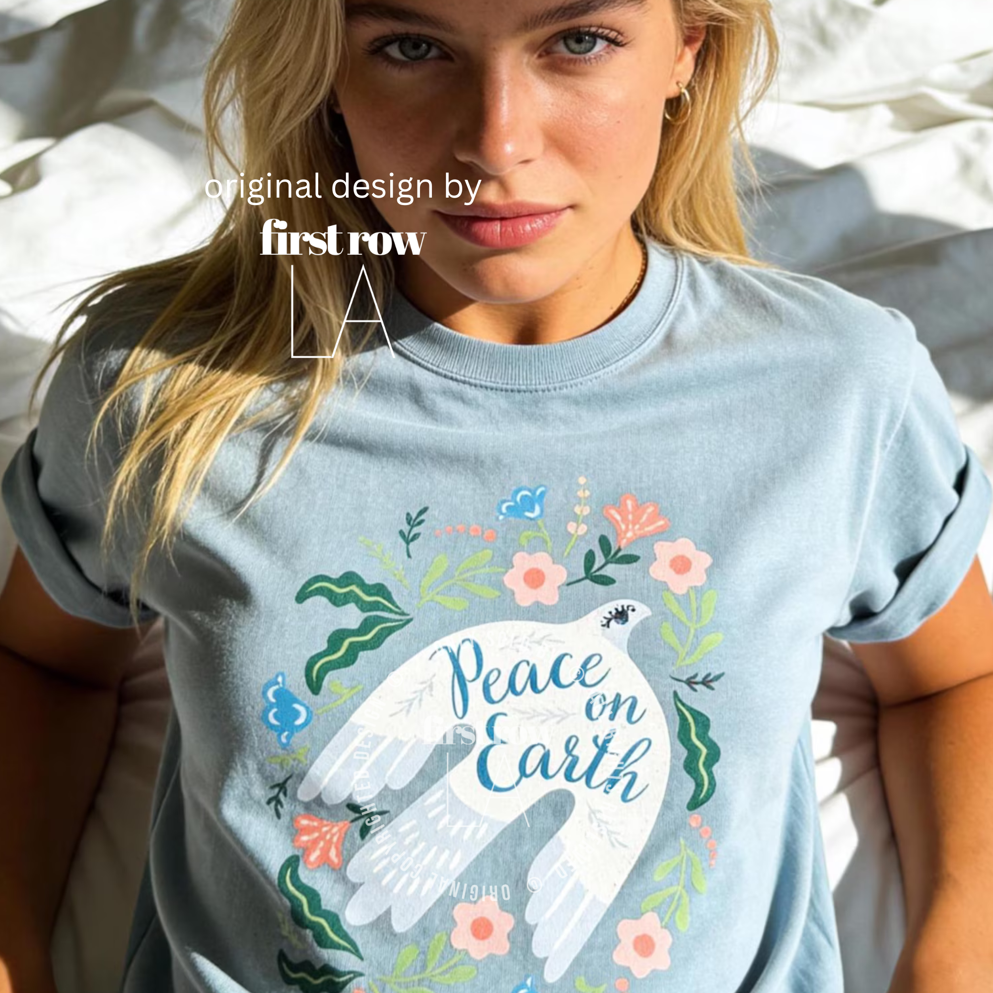 Woman wearing Peace on Earth T-Shirt, Peace Dove With Flowers Tee, Floral Dove Shirt, Peace Symbol Unisex Top, Spiritual Tattoo Style Top, Unisex.