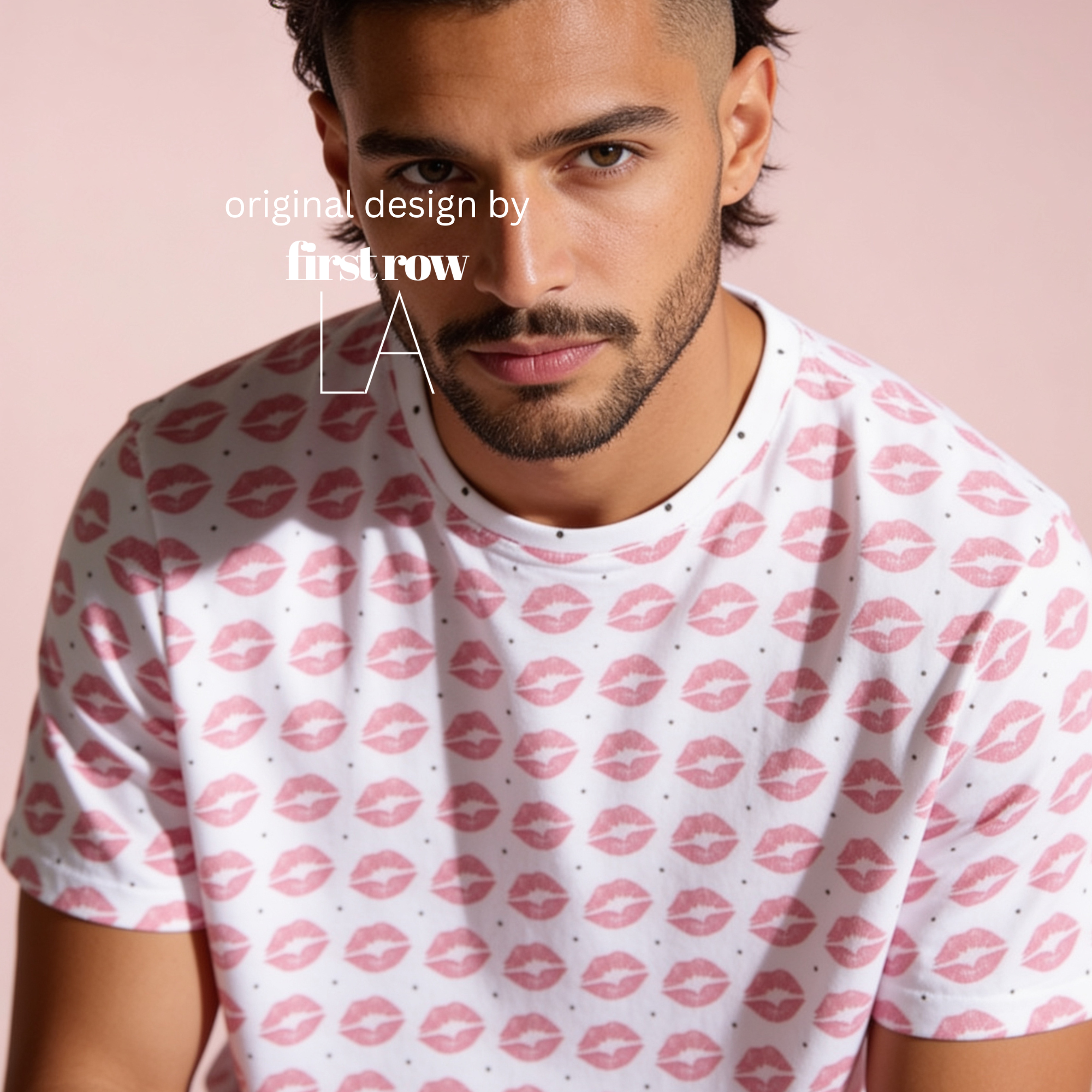 A man wearing a white short-sleeve t-shirt with a pink lip and polka dotted print pattern.

Original design and copyright by first row A.
