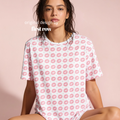 A woman wearing a white short-sleeve t-shirt with a pink lip and dotted print pattern.

Original design and copyright by first row A.