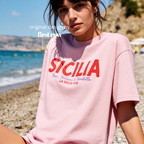 Woman wearing 'SICILIA, Vino, Volcano and Vendetta, LA DOLCE VITA' T-shirt.

Original design and copyright by first row LA 2026.