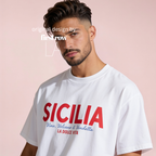 Man wearing 'SICILIA, Vino, Volcano and Vendetta, LA DOLCE VITA' T-shirt.

Original design and copyright by first row LA 2026.